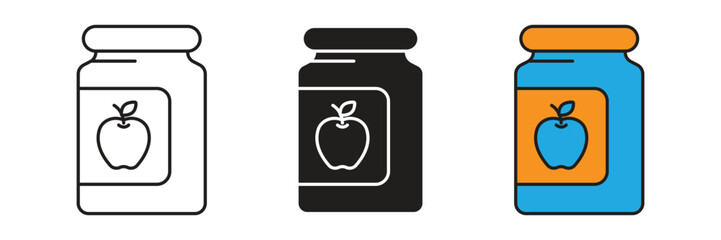 Obraz premium Glass jar of apple jam or baby food with a fruit label, representing organic preserves, healthy snacks, and grocery products.