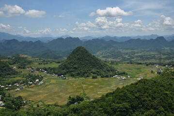 Panoramic Mountain Valley with Rice Fields and Karst Hills in Northern Vietnam