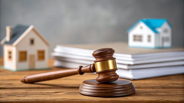Gavel and miniature houses symbolizing legal property ownership or real estate law