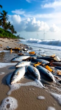 Dead fish wash ashore on polluted tropical beach with wind turbines in distance