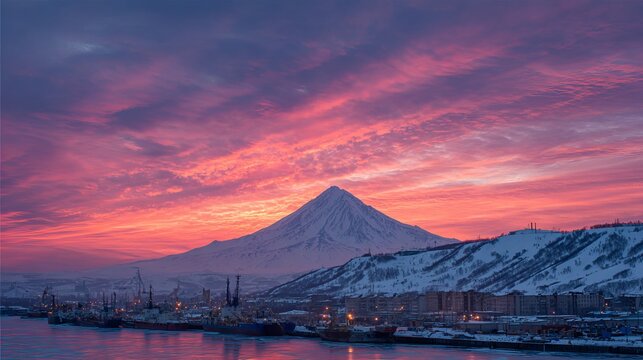 Sunset paints the sky behind Koryaksky volcano, with Petropavlovsk-Kamchatsky nestled nearby in Siberia, Russia.