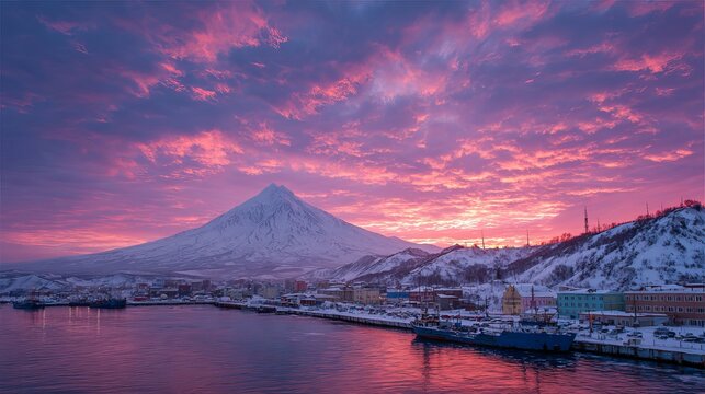 Sunset paints the sky behind Koryaksky volcano, with Petropavlovsk-Kamchatsky nestled nearby in Siberia, Russia.