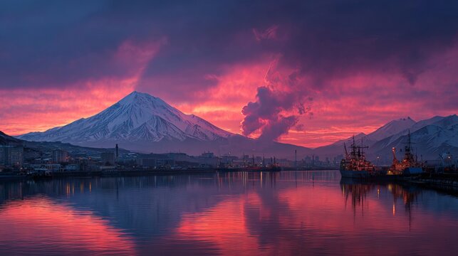 Sunset paints the sky behind Koryaksky volcano, with Petropavlovsk-Kamchatsky nestled nearby in Siberia, Russia.