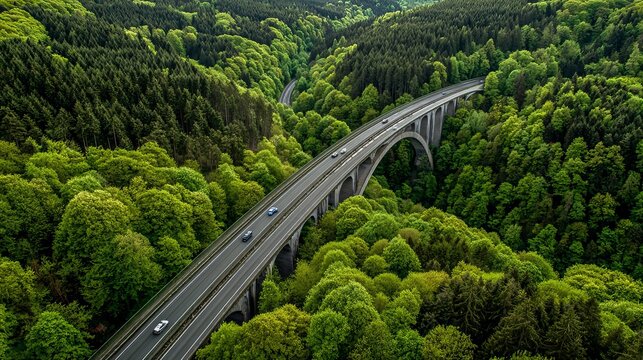 Cars travel on the German autobahn bridge above a green forest.