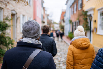 Fototapeta premium Group of tourists walks down narrow cobblestone street. People wear warm coats and hats, suggesting cool weather. Focus is on back view, creating sense of movement