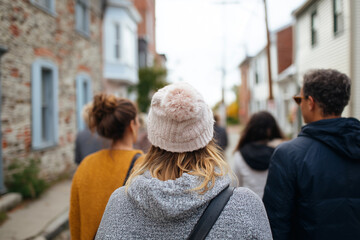 Fototapeta premium People walk together down narrow street, seen from behind. Woman wears pink knit hat, gray hoodie. Group appears relaxed, casual. Perfect for urban lifestyle, friendship, or travel themes