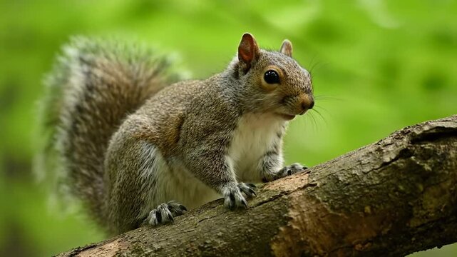 Curious Eastern Gray Squirrel Perched on Tree Branch in Lush Green Forest.