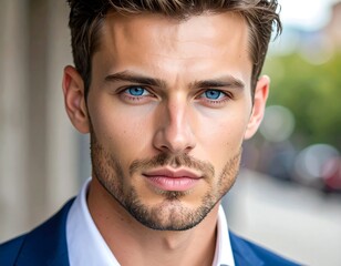 Obraz premium Intense gaze of a handsome man with striking blue eyes.