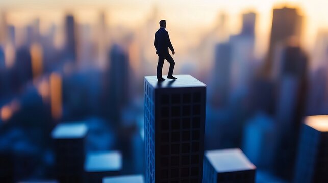 A silhouette of a man standing on top of a skyscraper in a city during sunset