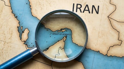Magnifying glass focusing on Strait of Hormuz on paper map with Iran background conceptualizing detailed geopolitical analysis of middle east energy corridors and shipping lanes