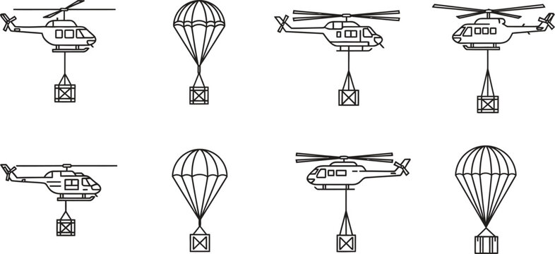 Set of helicopter and parachute cargo delivery icons simple line art vector illustration for logistics shipping and emergency aid concepts isolated on white background