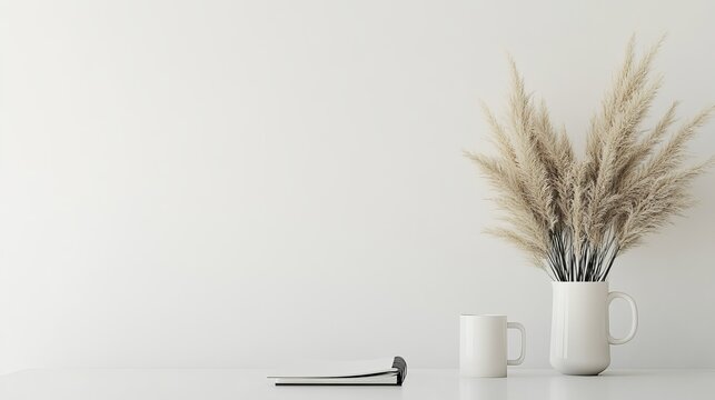 A serene still life composition featuring a vase with dried flowers, a mug, and a notebook on a clean white surface