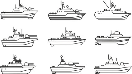 Collection of various military ships and patrol boats presented as minimalist line art vector icons for naval defense maritime security and web design © Muhammad