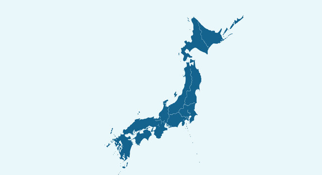 Detailed map of japan in a solid blue color is shown on a light blue background representing the geography and regions of the island nation.