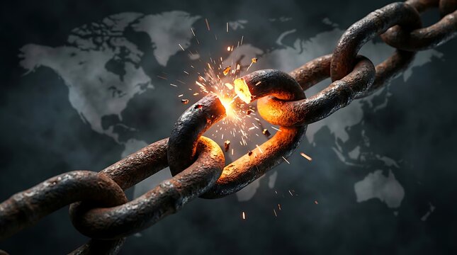Broken rusty chain link with sparks flying off symbolizing breaking free from constraints and achieving freedom or overcoming obstacles against world map background