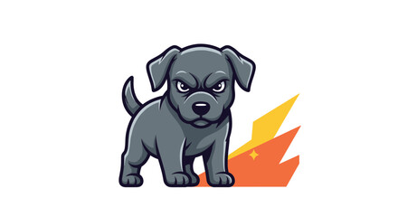 Obraz premium Tough and angry looking grey puppy dog standing in front of stylized yellow and orange lightning bolts representing power and strength.