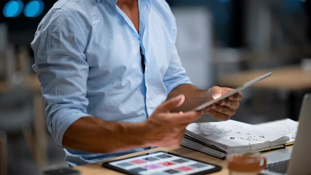 Male professional using a tablet in an office, analyzing app prototypes with a subtle smile. Modern workspace concept.