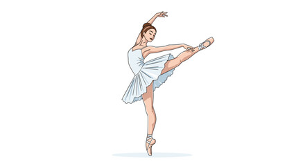 Obraz premium Elegant ballerina dancer in a white tutu performing a beautiful classic pose with one leg extended high on a simple white background.
