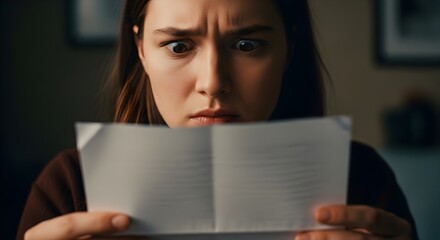 Stressed Young Woman Reading Shocking News on a Document, Expressing Worry and Concern