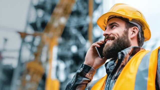 Construction Foreman on the Phone: A construction foreman, clad in a hard hat and high-visibility vest, engages in a phone conversation at a bustling construction site.