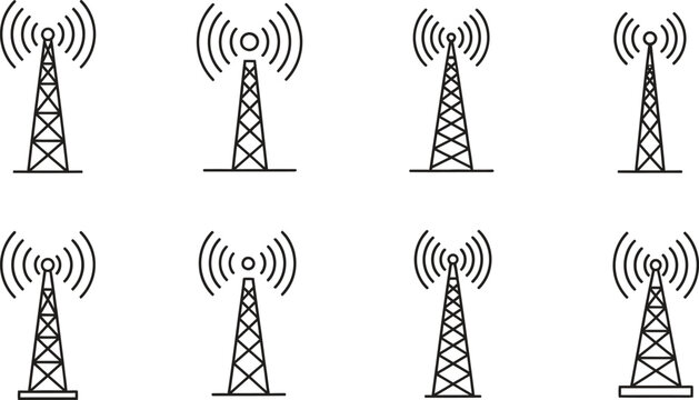 Set of minimalist communication tower icons line art vector design elements emitting radio waves for web and mobile apps isolated on white background