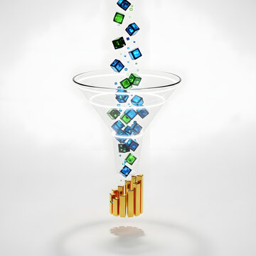 Abstract visualization of data processing, with colorful cubes flowing through a transparent funnel into ascending golden bars, symbolizing the refinement and analysis of raw information.