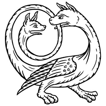 Medieval two-headed dog dragon monster &ndash; fantasy hybrid beast, vintage engraving illustration