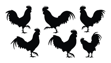 Six black silhouettes of roosters in different poses © SILHUETTECHEMBER