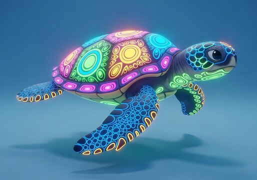 Vibrant turtle with intricate colorful patterns on its shell and body swimming