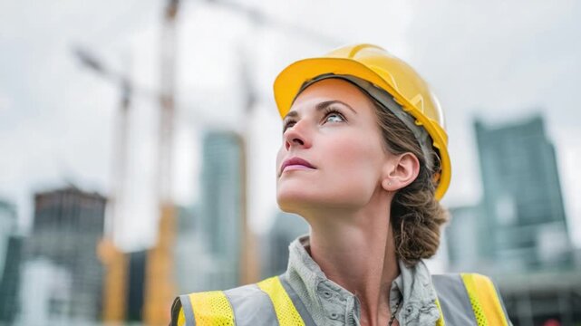 Visionary Builder: A determined woman, clad in a protective hard hat and vest, gazes upwards with focused intent, set against a backdrop of a bustling construction site.