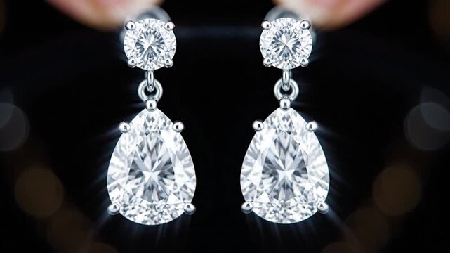 Elegant Diamond Drop Earrings Sparkle on Black Background, Perfect for Luxury Jewelry Advertisements.