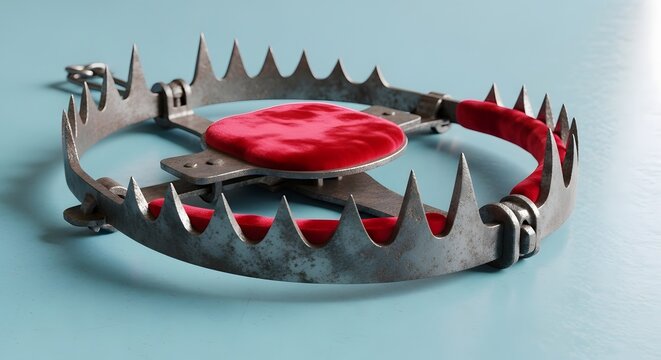 Metaphorical Bear Trap with a Soft Red Velvet Cushion Symbolizing Comfortable Danger, Deceptive Temptation, and False Security