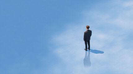 Lonely man standing on reflective blue surface with soft shadow conveying quiet melancholy
