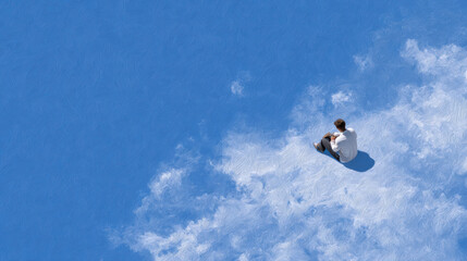 Fototapeta premium Man sitting alone on cloud in blue sky expressing solitude and introspection