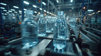 Clear plastic bottle production line close up with moving bottles in factory conveying motion and industrial lighting
