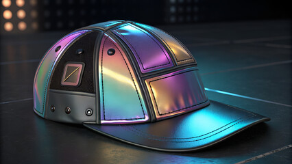 Fototapeta premium Futuristic techwear cap with holographic panels on dark background neon lights reflecting off surface