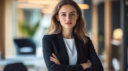 Fototapeta premium A confident businesswoman standing with her arms crossed in a modern office environment.