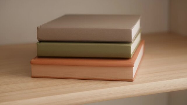 Three hardcover books stacked on a wooden shelf in muted earth tones