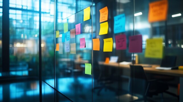 A modern office interior with colorful sticky notes on a glass wall and a blurred background of desks and chairs