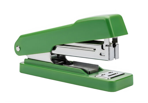 A green stapler with metal parts on a white background isolated on transparent background