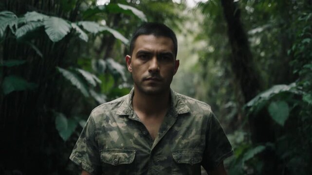 Man exploring the amazon rain fores deep in the jungle the image shows a unexplored an untouched region.