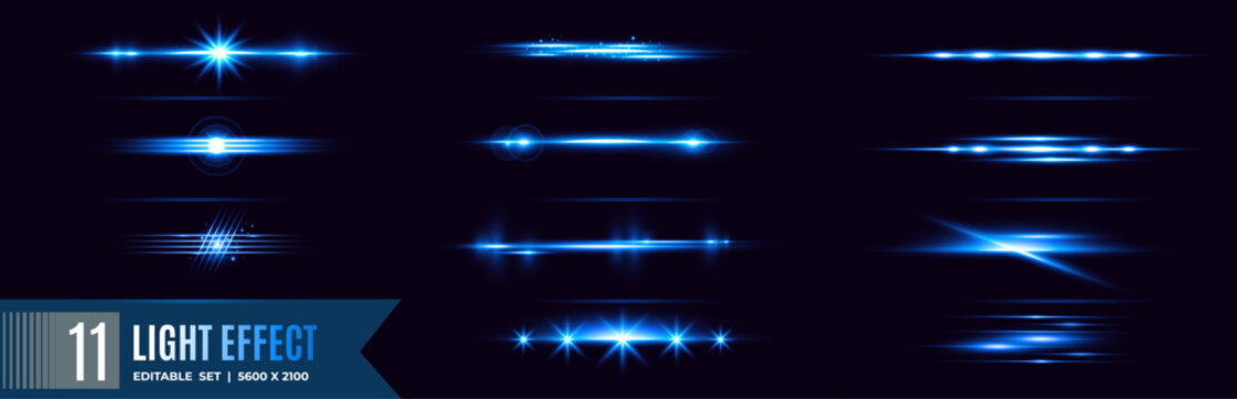 Electric Blue Cinematic Lens Flare and Horizontal Light Streak Effects Set, Futuristic Dark Space Background Vector Design.