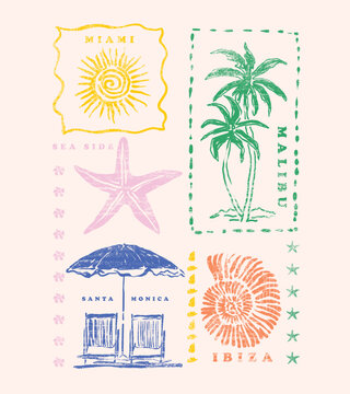 summer print design in vector. tropical beach t-shirt design. hand drawing vector graphic. sunset, star fish, palm tree, relax char with umbral together beach name make print artwork.  