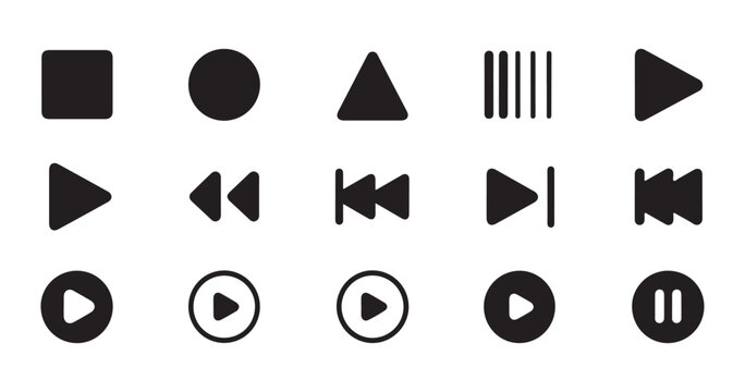 Set of black play, pause, stop, next, and back buttons, media player icons, control button set on white