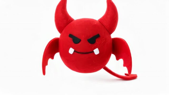 Cute red devil plush toy with horns and wings on white background