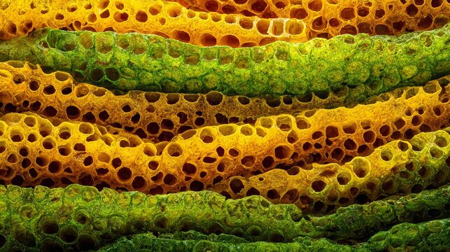 Wild European honeycombs, stacked in layers, show bright yellow against green nature.