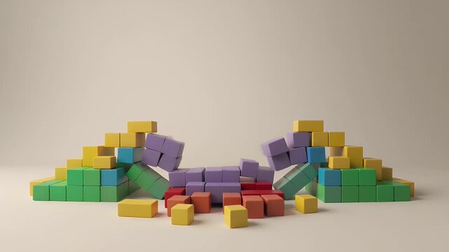 Colorful building blocks form an abstract structure resembling a sword and wings