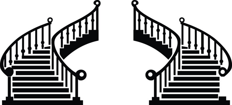 Two elegant antique spiral staircases with decorative railings vector illustration isolated