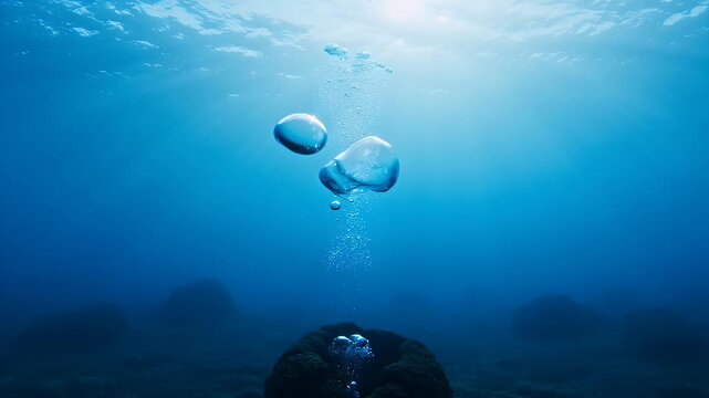 Underwater, bubbles rise from a coral formation towards sunlight