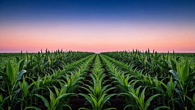 Rows of corn in a field at sunset